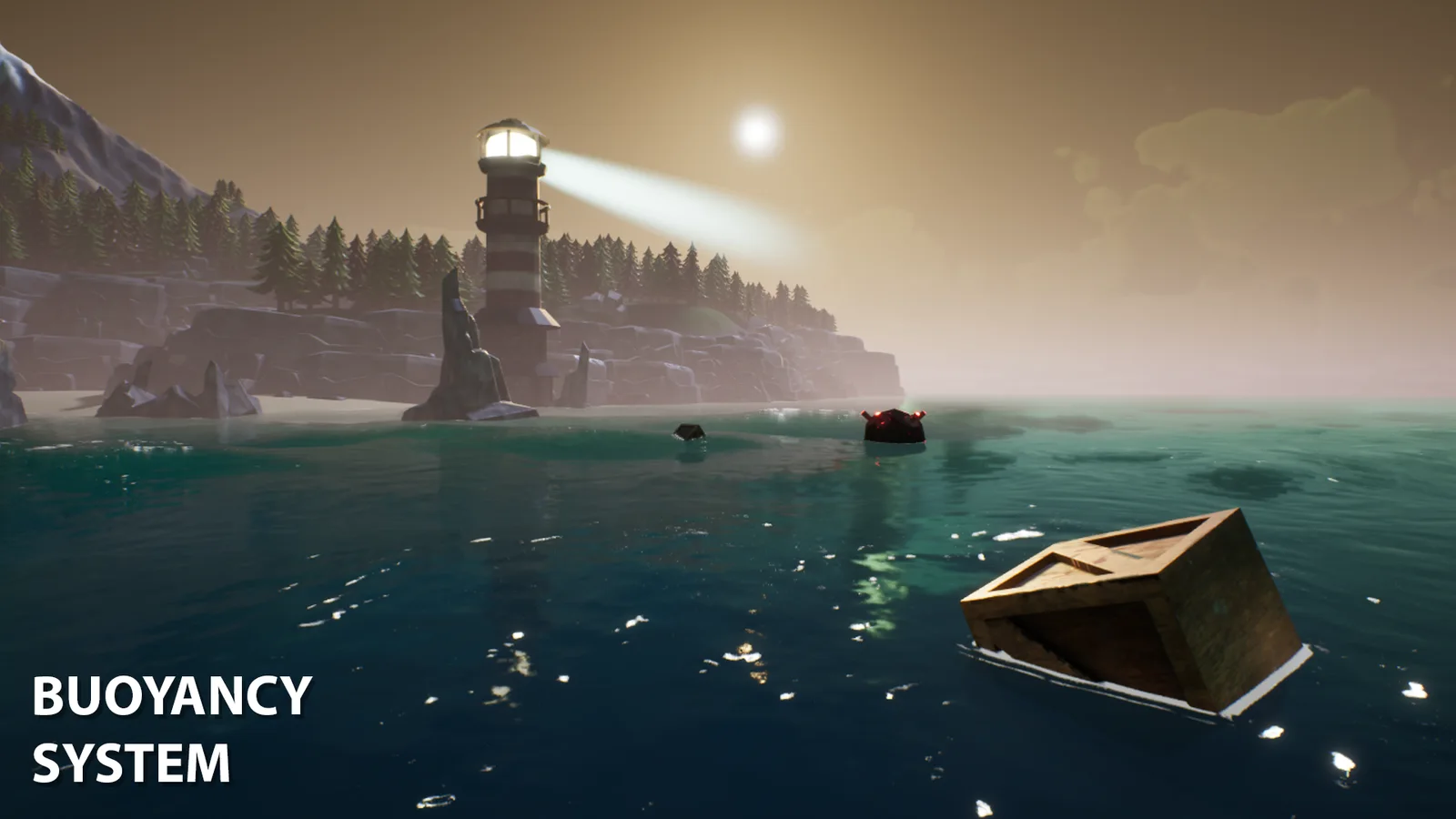 Crates and gameplay objects floating in Neptune's ocean