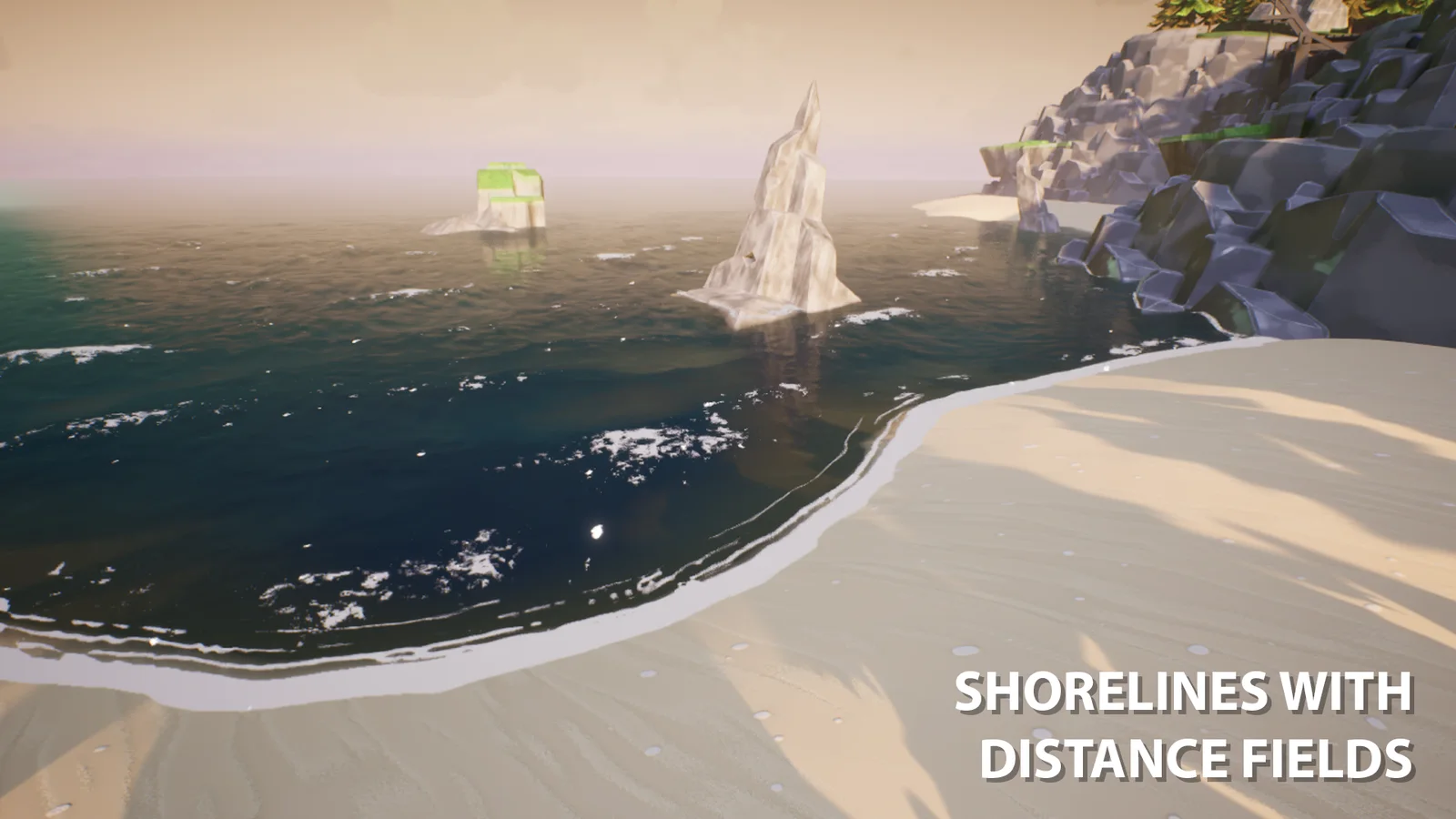 Foam tracing the beach and rocks using distance fields