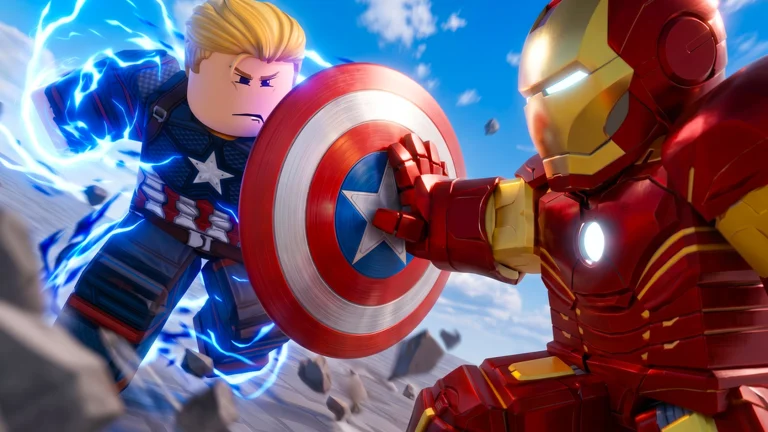 Superhero Arena key art showing two Roblox heroes clashing