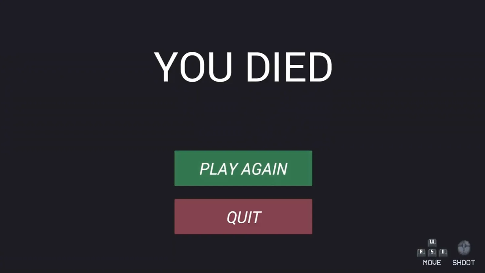 The “You died” screen with play again and quit buttons