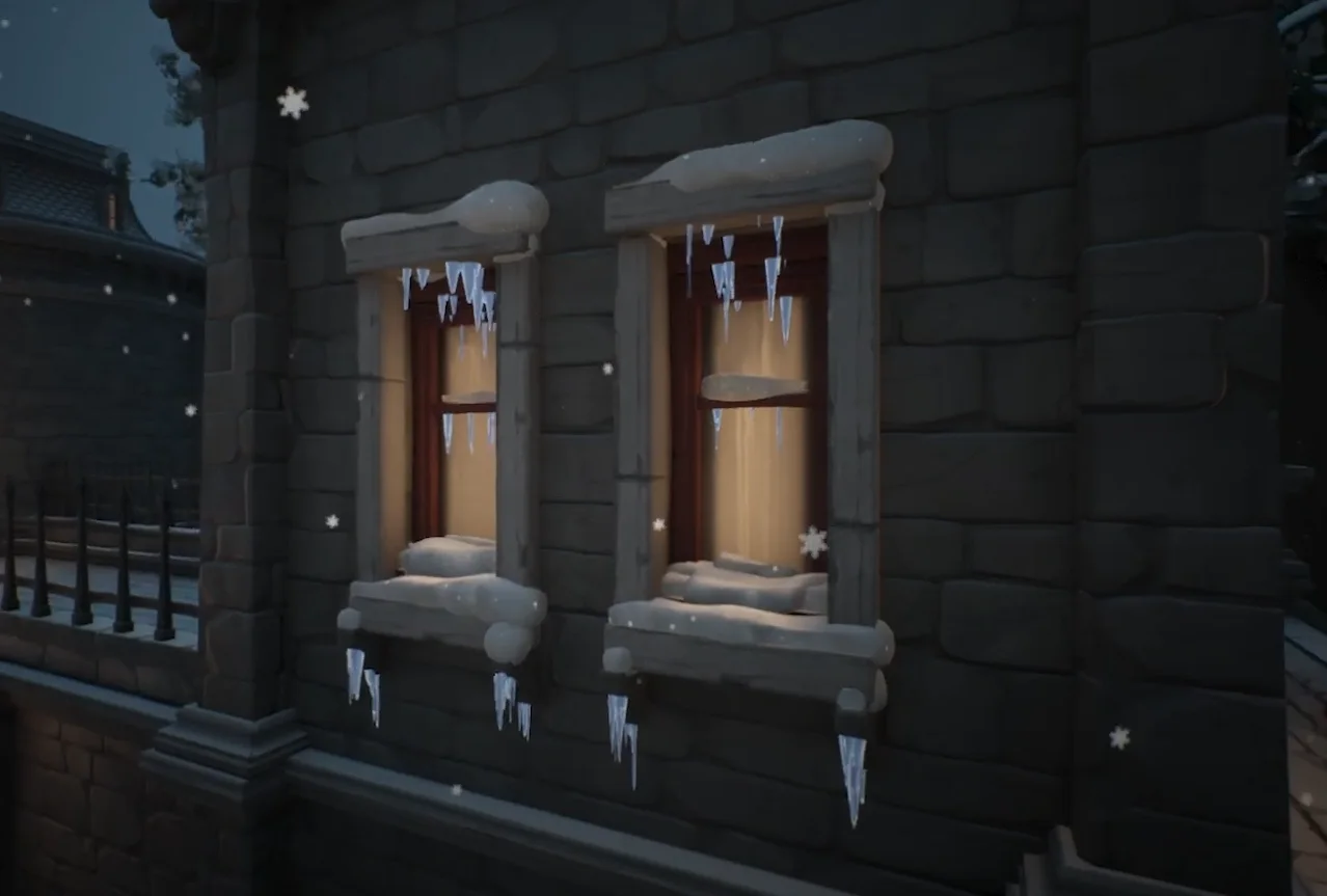 Snow cover and icicles generated on a stone building in the Unreal editor