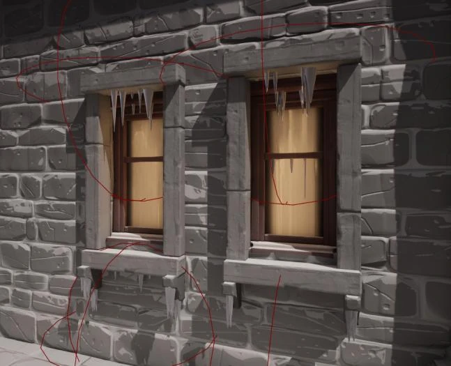 Icicles generated beneath window ledges with red processing spheres visible in the editor