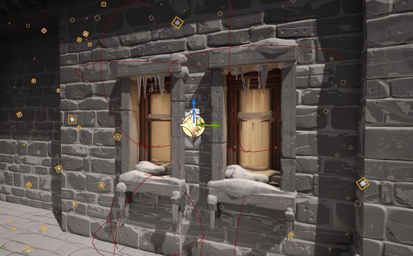Snow cover, icicles, and snow particles applied to a stone building in the Unreal editor